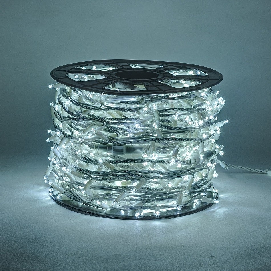 LED Lichterkette - 100 m, kaltweiß mit FLASH, 1000 Dioden, weißes Kabel