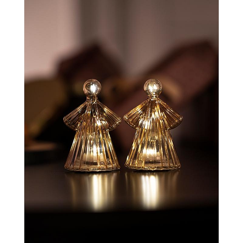LED světelný anděl, skleněný, sada 2 kusy,zlatý, 10 cm