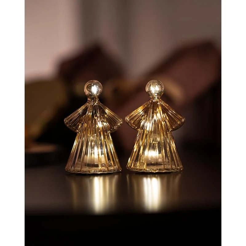 LED světelný anděl, skleněný, sada 2 kusy,zlatý, 10 cm