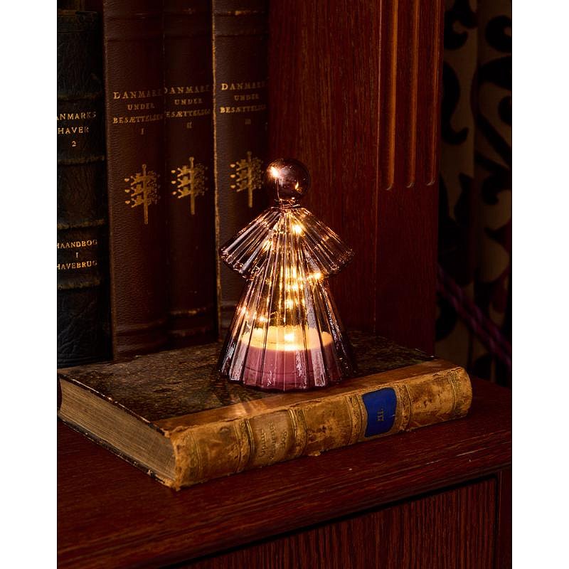 LED světelný anděl, skleněný, vínový,15 cm