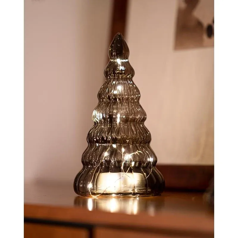 LED světelný stromek, skleněný, hnědý, 23,5 cm