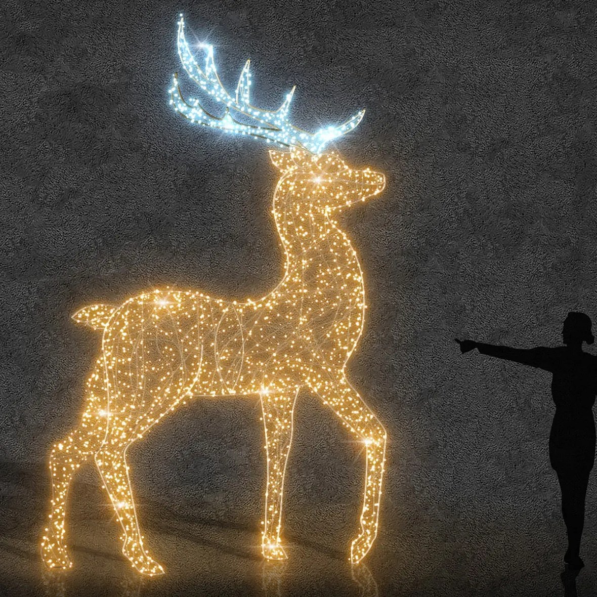 3D LED světelný jelen 360 ×  ×  cm, teple a ledově bílá, 36 V, 60 W, 98 kg, z 6 dílů