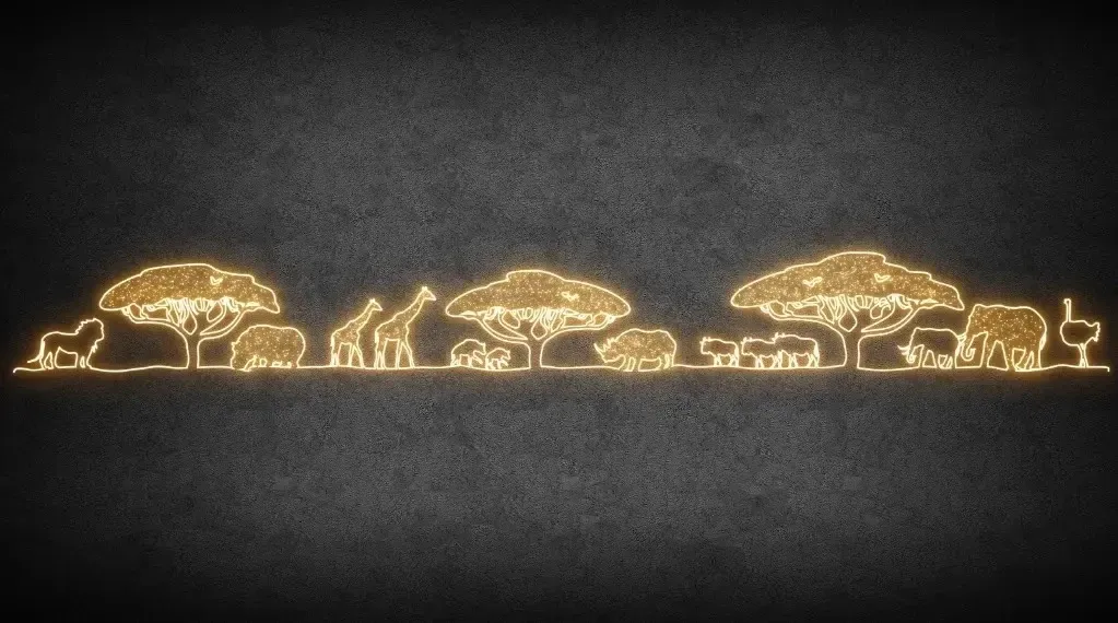 2D LED Africké zátiší, 1721 x 193 cm, teple bílá, 36 V, 265 W, ze 43 dílů, stojící