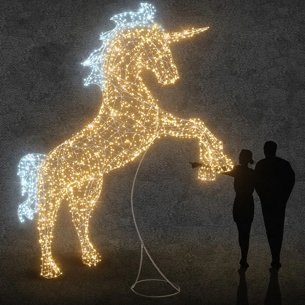 3D LED světelný jednorožec, 360 × 400 × 97 cm, teple a ledově bílá, 36V, 41 W, 35,4 kg, ze 3 dílů