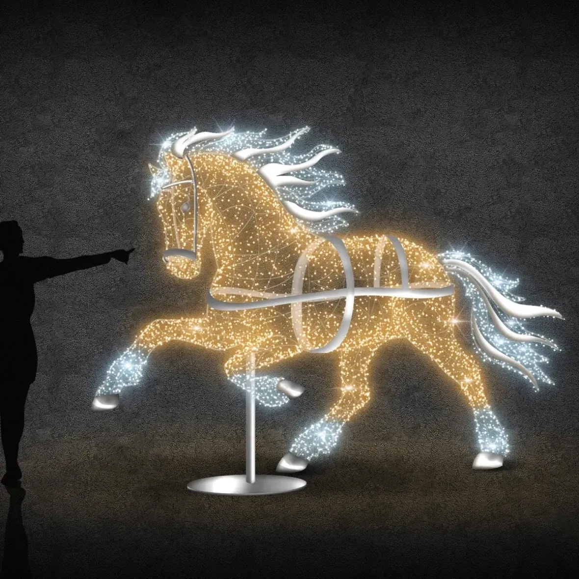3D LED světelný kůň, 310 × 230 × 80 cm, teple a ledově bílá, 36 V, 46 W, 45 kg, 3 díly