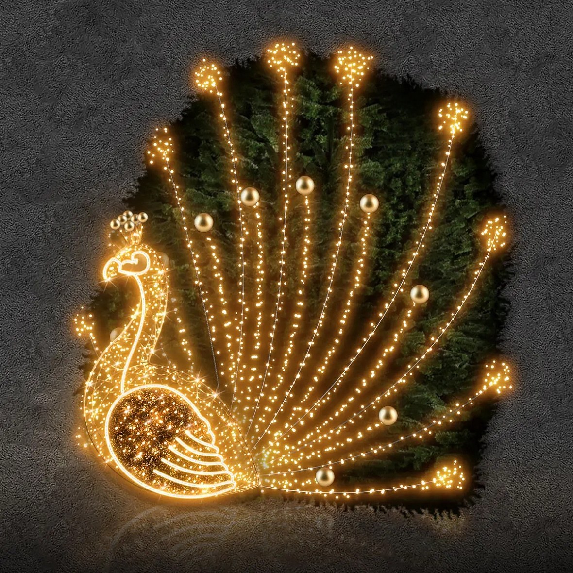 3D LED světelný páv, 200 × 200 × 160 cm, teple bílá