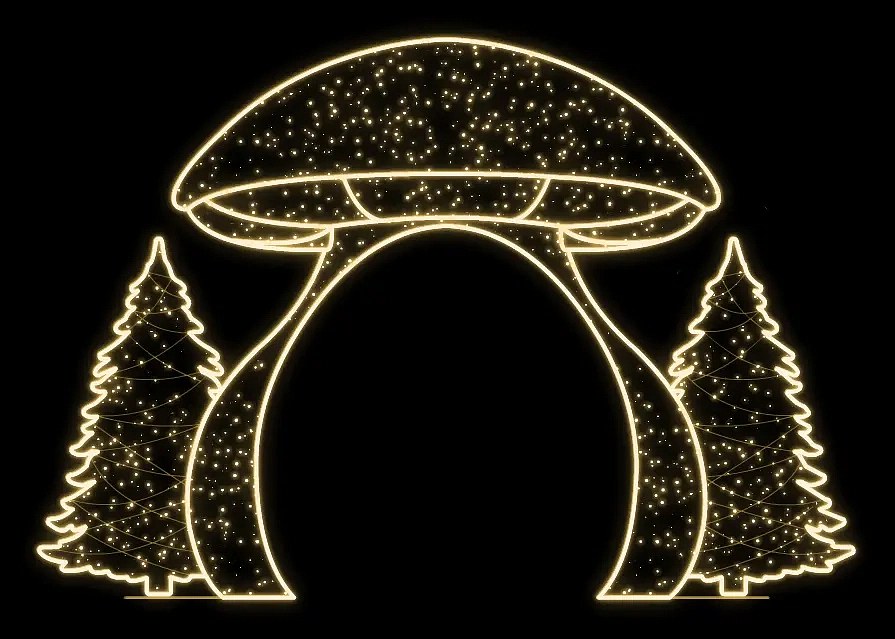 LED světelný tunel - houba se stromy, 510 x 350 cm, teple bílá