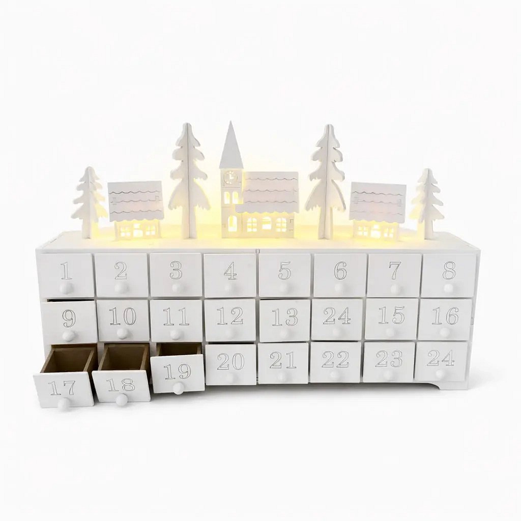 LED adventní kalendář dřevěný, 37,5 × 8 × 23 cm, bílá, na 2× AA