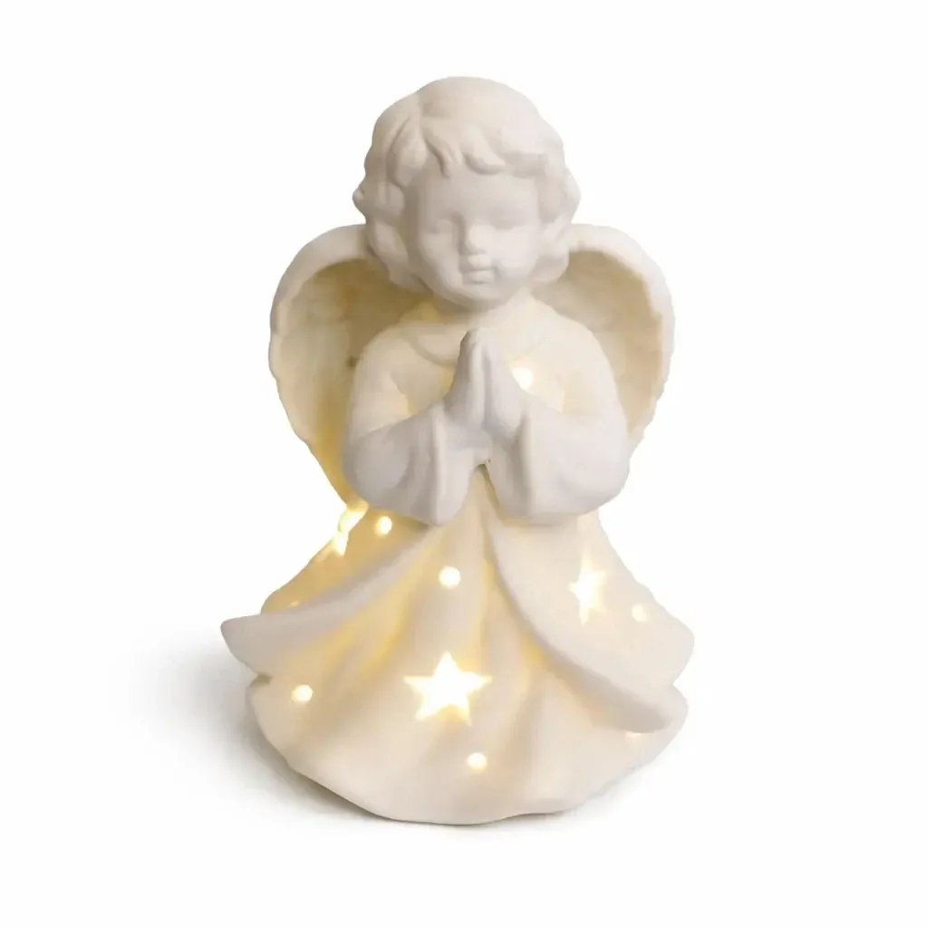 LED keramický andílek modlící se 9,3 × 7,6 × 14,9 cm, teple bílá, 2× LR44