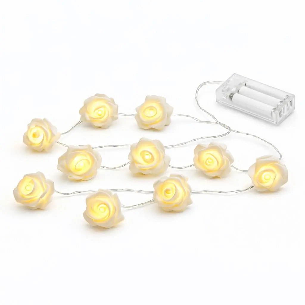 LED světýlka na baterie růže 1,8 m, teple bílá, 10 diod, čirý kabel IP20 interiér, 2× AA