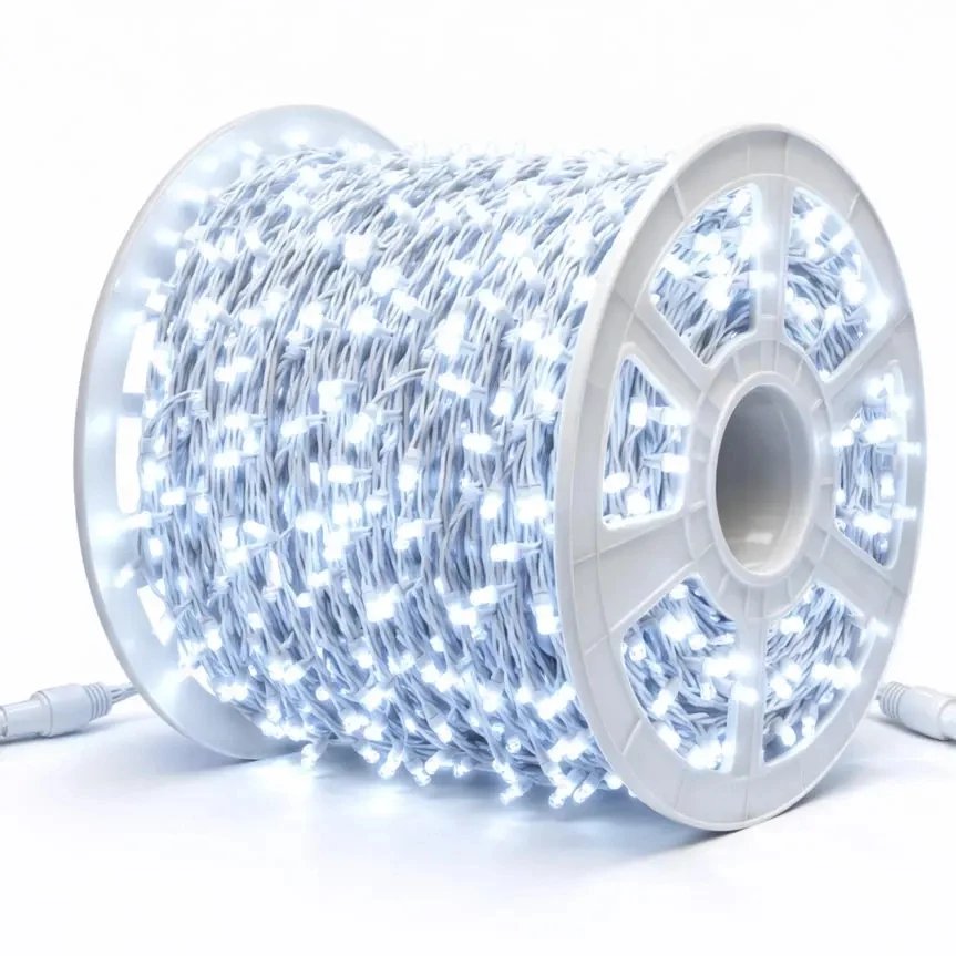 Easy Fix LED světelný řetěz 100 m, ledově bílá s FLASH, 1000 diod, bílý kabel IP67, cívka