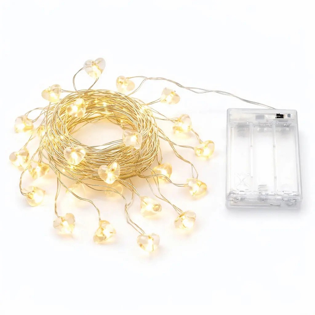 LED světýlka na baterie se srdíčky 2,3 m teple bílá, 20 diod, čirý kabel IP20 interiér, 3× AA