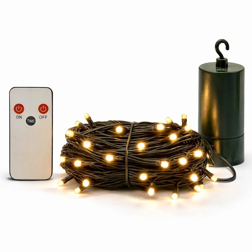 LED světýlka na baterie 5,2 m venkovní, teple bílá, 50 diod, tmavě zelený kabel IP44, ovladač, 4× AA