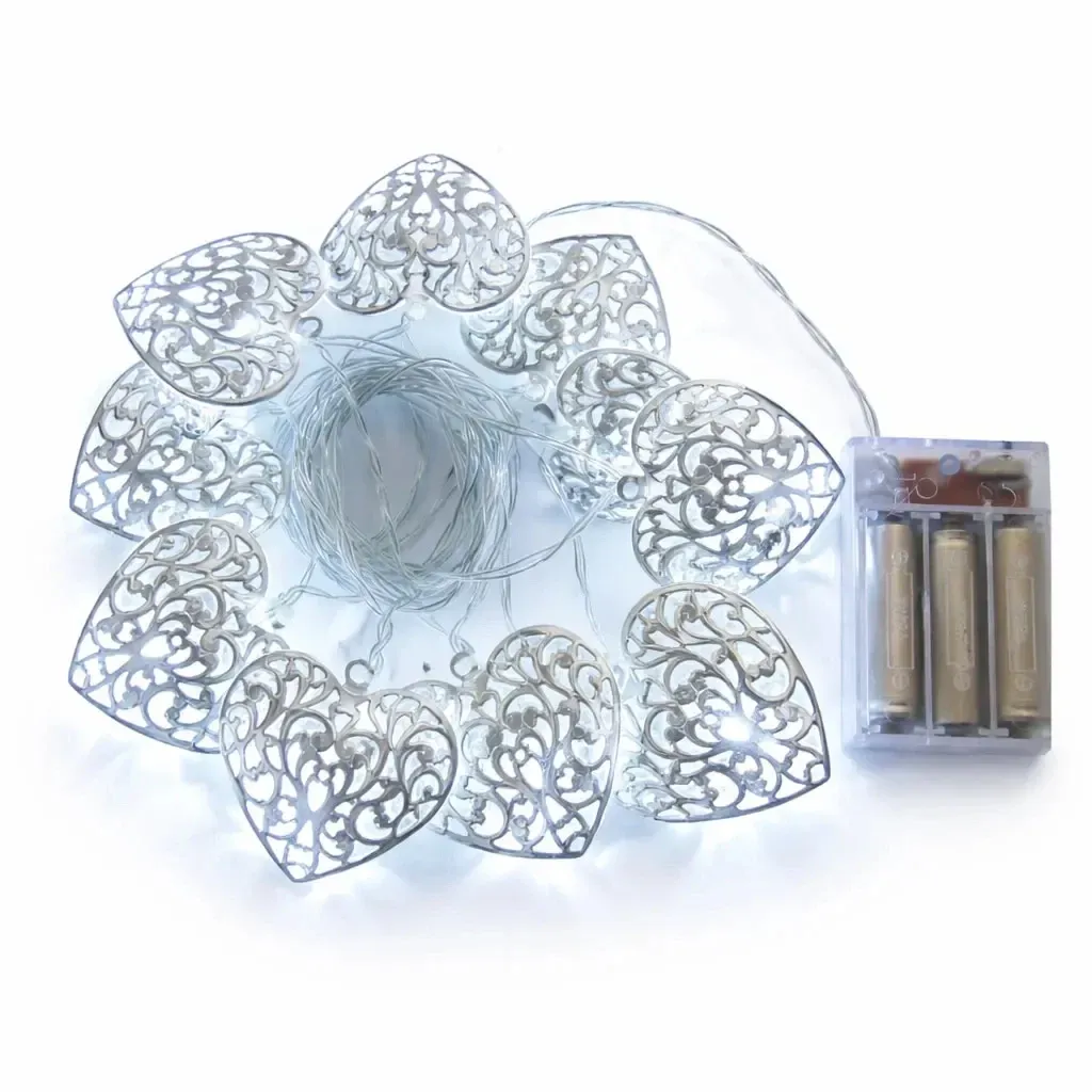 LED světýlka na baterie 2,5 m kovová srdce vintage, ledově bílá, 10 diod, čirý kabel IP20, 2× AA
