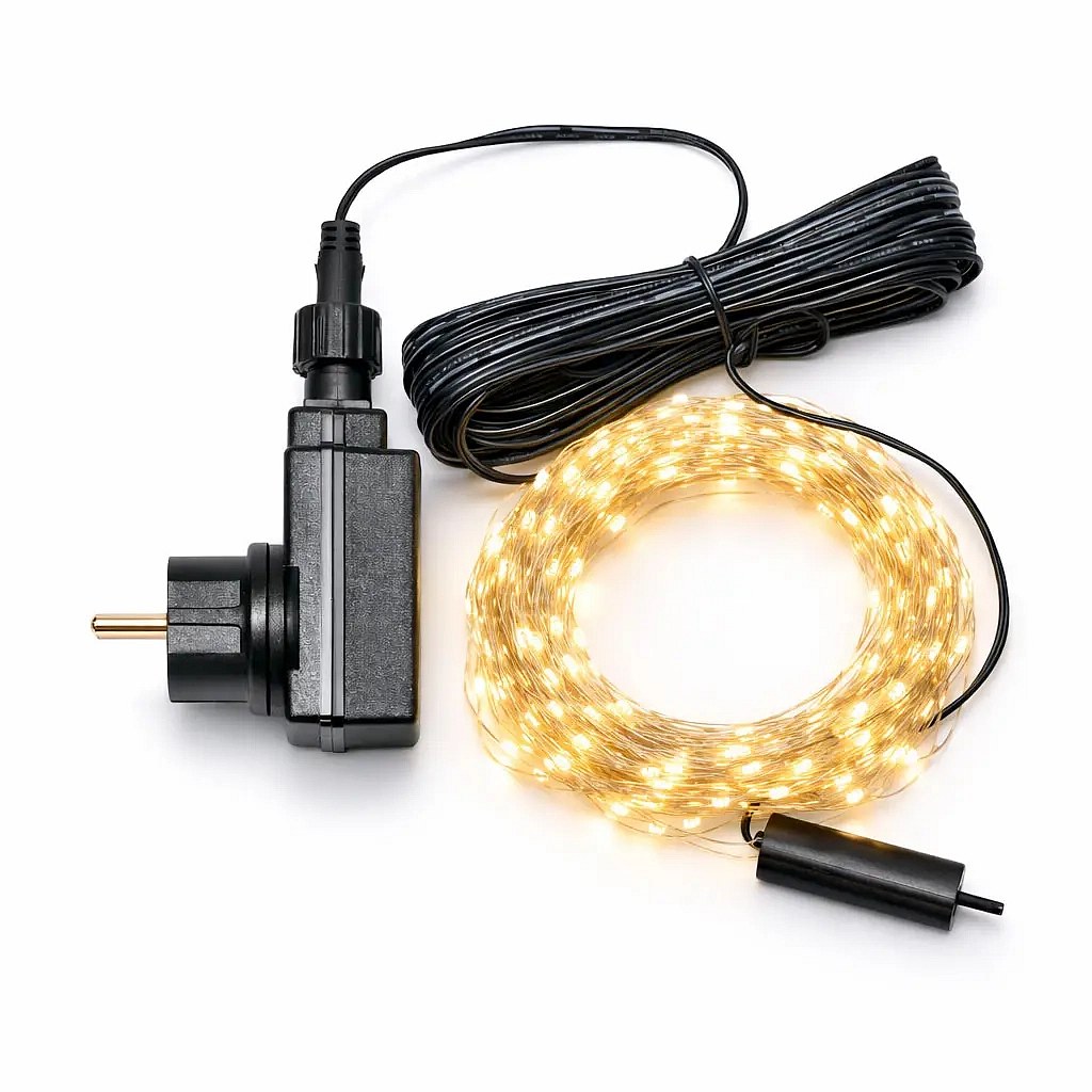 LED světelný řetěz 10× 2 m, teple bílá, 240 diod, stříbrný kabel IP44, vč