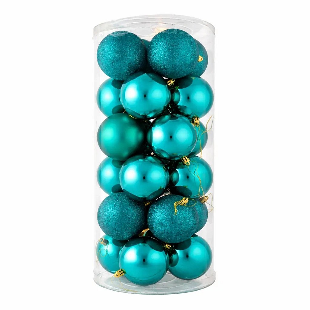 Sada vánočních ozdob paví zelená 8 cm plastové koule, 8× mat, 8× glitter, 8× lesk, balení 24 ks