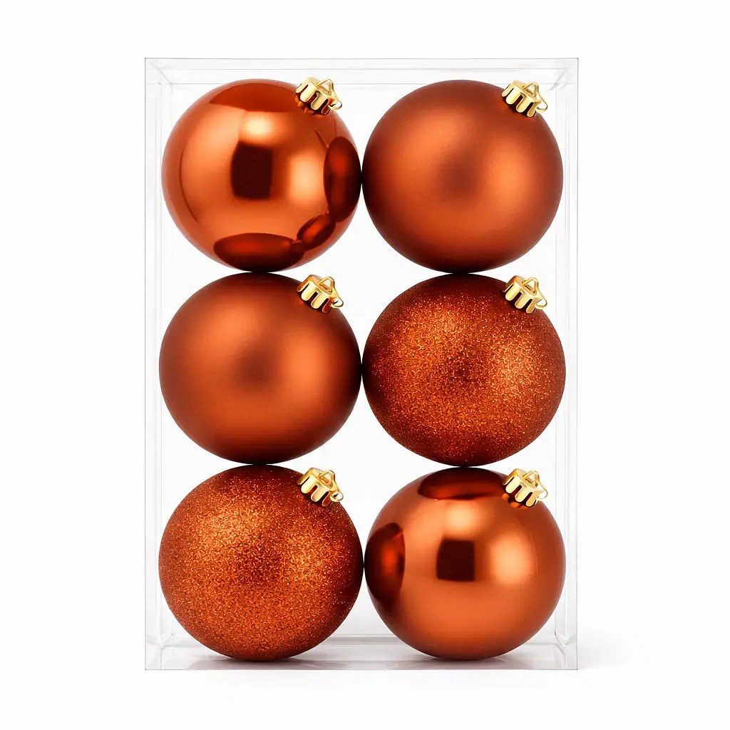 Sada vánočních ozdob měděná 10 cm, 2× lesk, 2× mat, 2× glitter, balení 6 ks