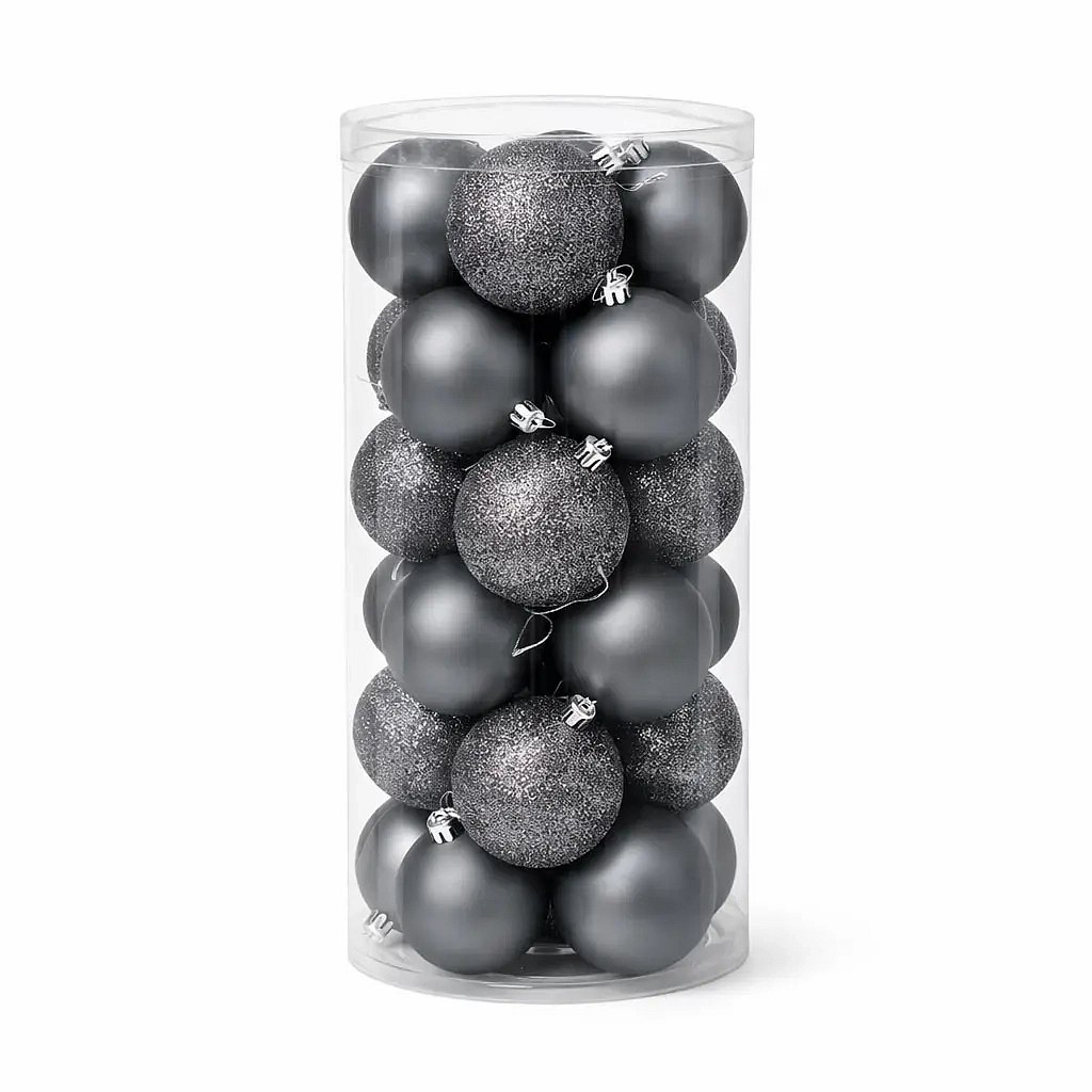 Sada vánočních ozdob tmavě stříbrná 6 cm plastové baňky, 12×  glitter, 12× matná, balení 24 ks