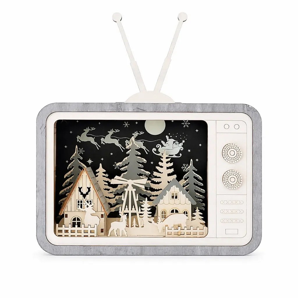 LED dřevěná dekorace vesnička v televizi, 26 × 8 × 33,5 cm, teple bílá, AA