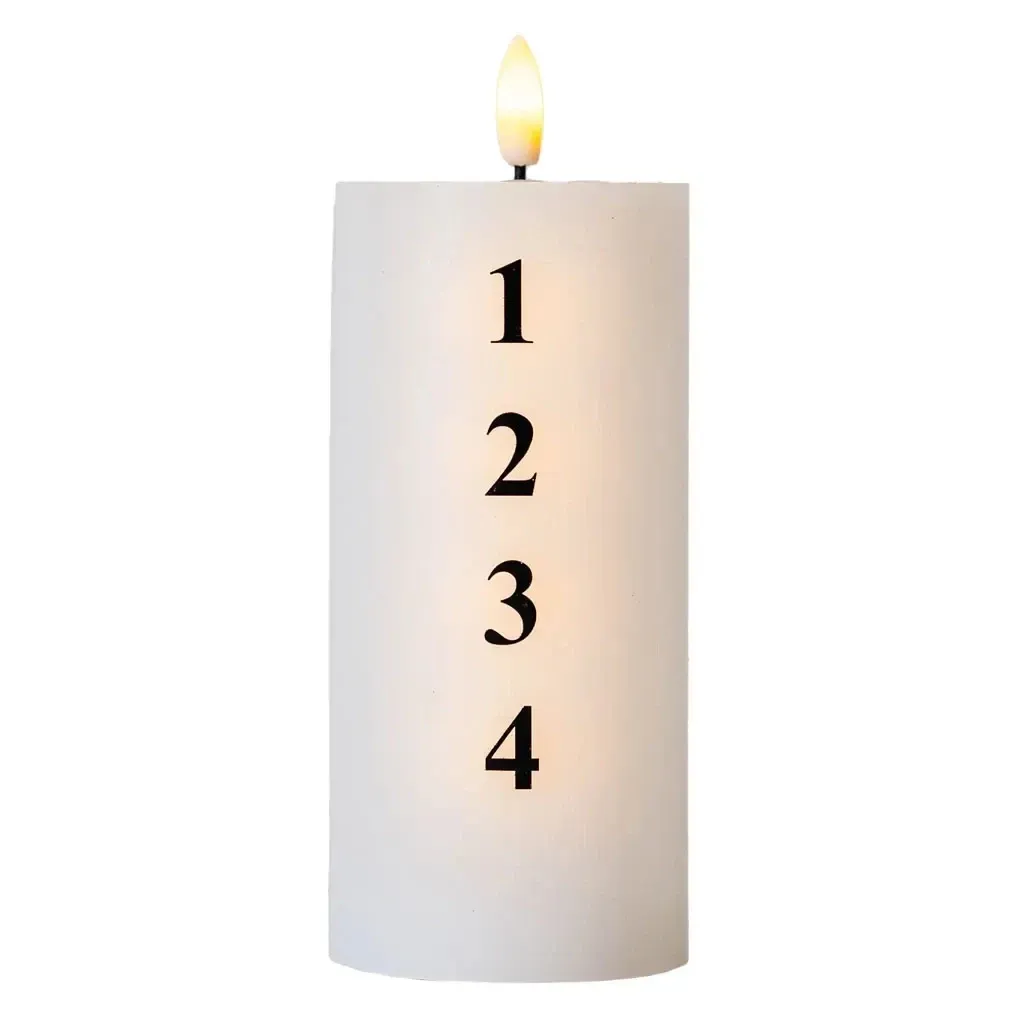 LED svíčka na baterie vosková Sille adventní s čísly, Ø 7 × 15 cm, bíláčerná