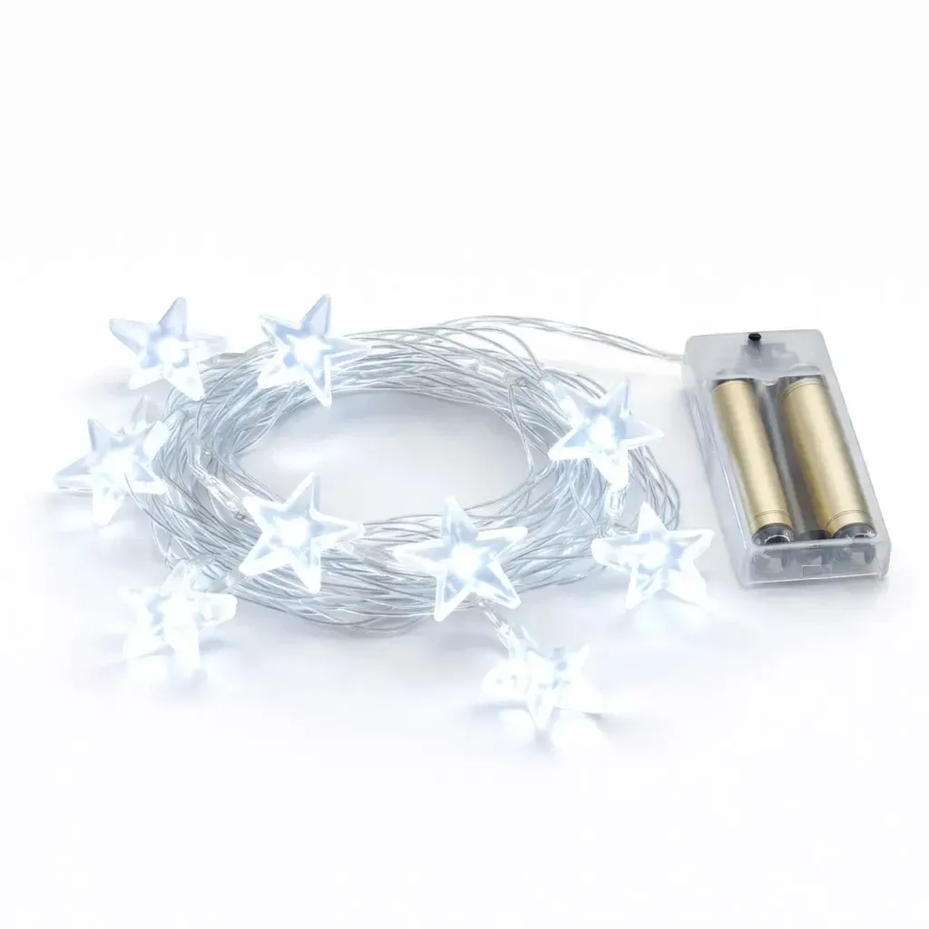LED světýlka na baterie hvězdy 1,8 m ledově bílá, čirá barva kabelu IP20, 2× AA