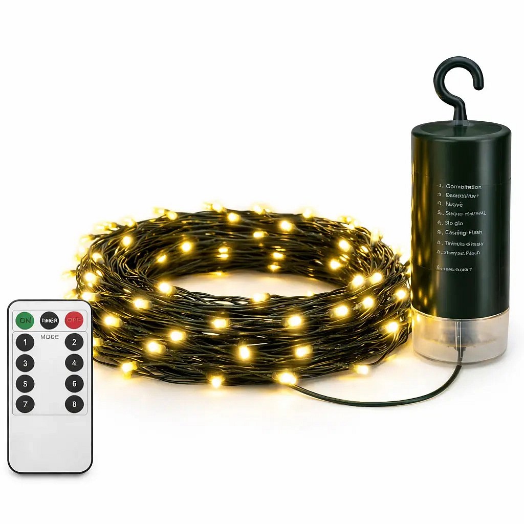 LED světýlka na baterie 10,2 m venkovní, teple bílá, 100 diod, tmavě zelný kabel IP44
