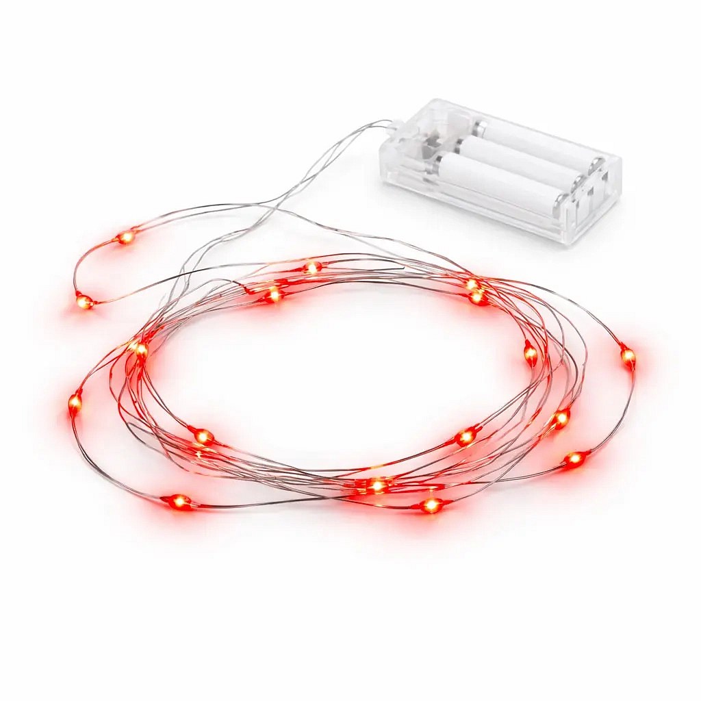 LED světelný řetěz na baterie červená 230 cm, IP20 interiér, drátek a 20 diod, 3× AA