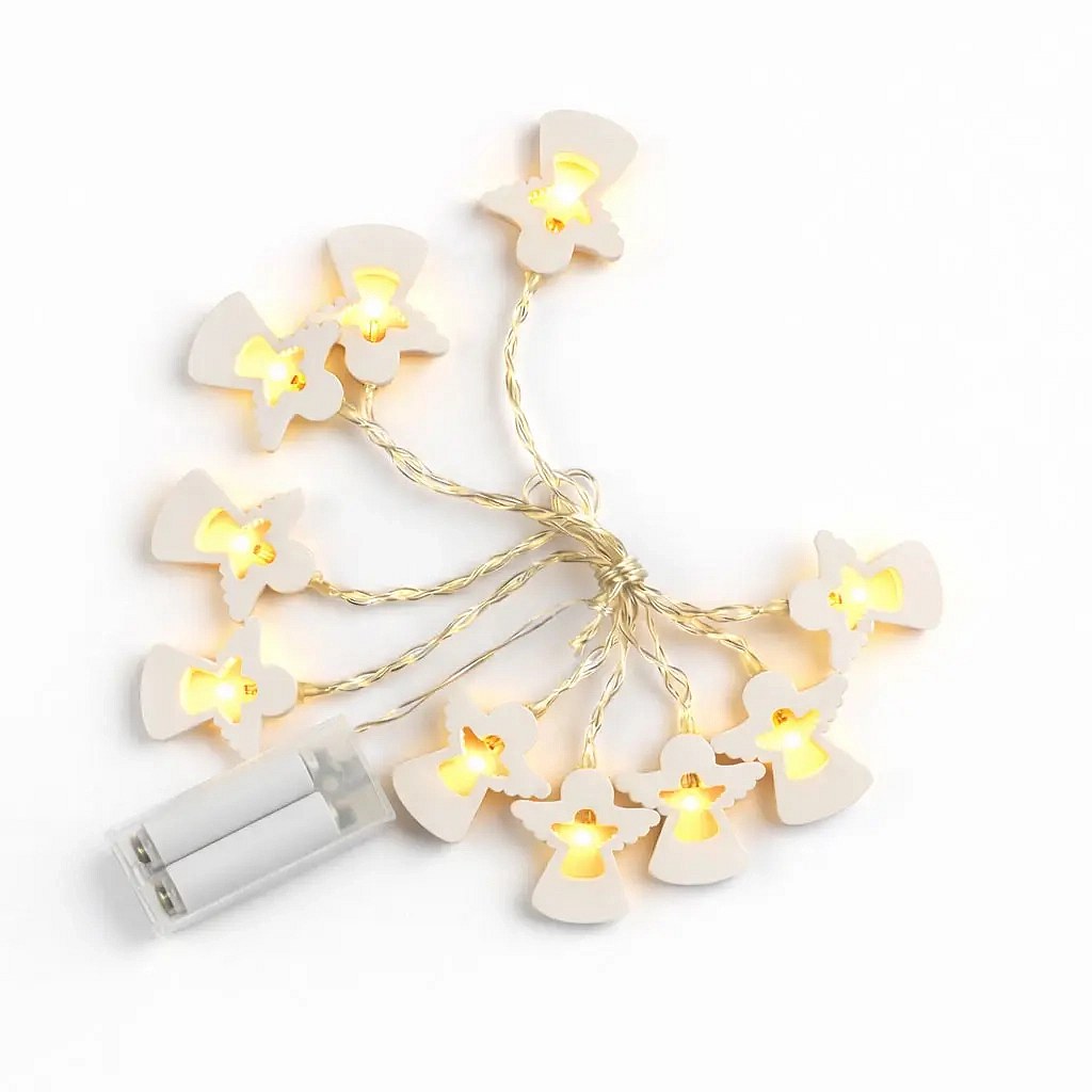 LED světýlka na baterie 2 m teple bílá, 10 diod, dřevění andílci, čirý kabel IP20 interiér, 2×AA