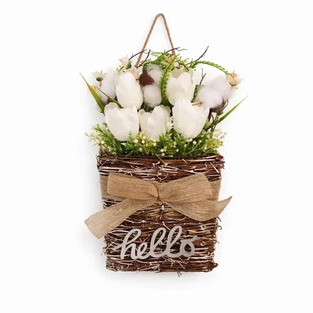 Jarní dekorace bílé květiny 23 × 40 cm, proutí a plast, IP44, venkovní