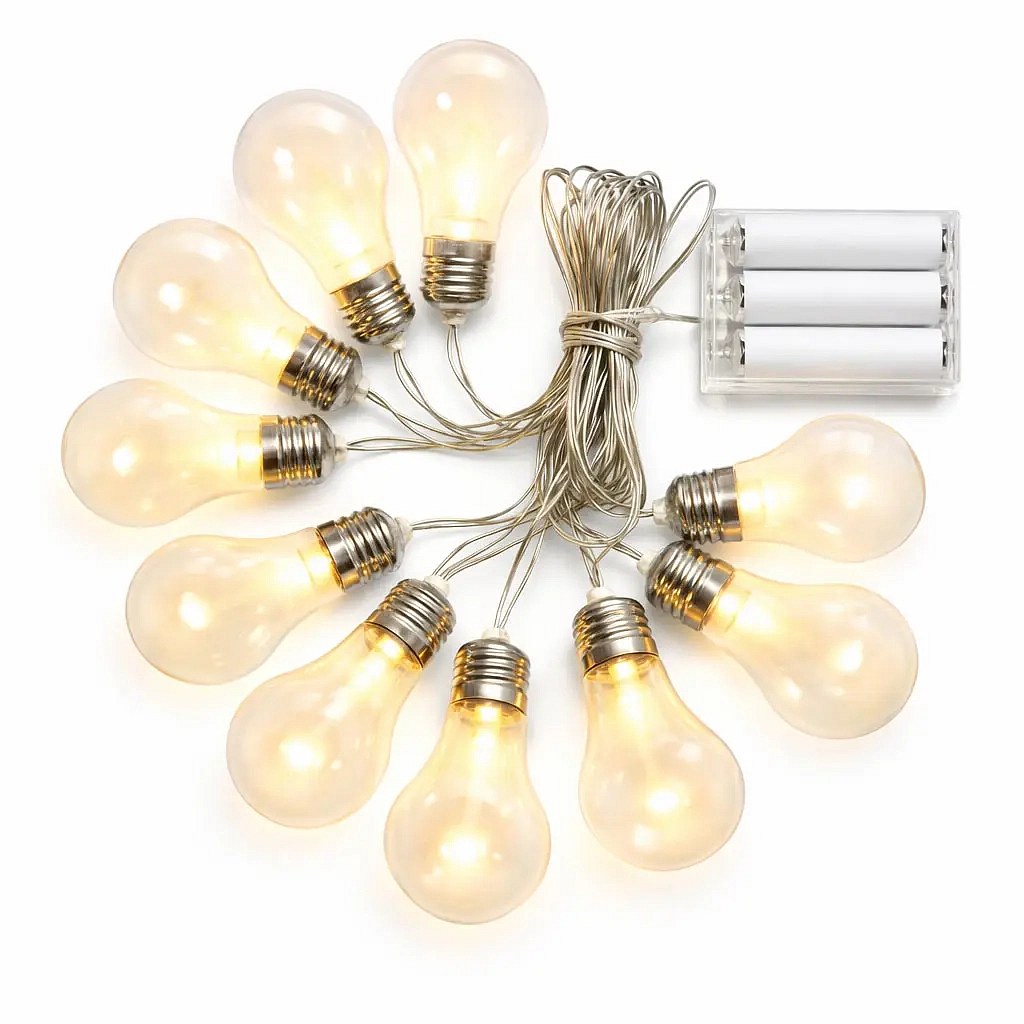 LED párty světla na baterie 5 m, 10 teple bílých LED, průhledné baňky, transparentní, 3× AA, IP20