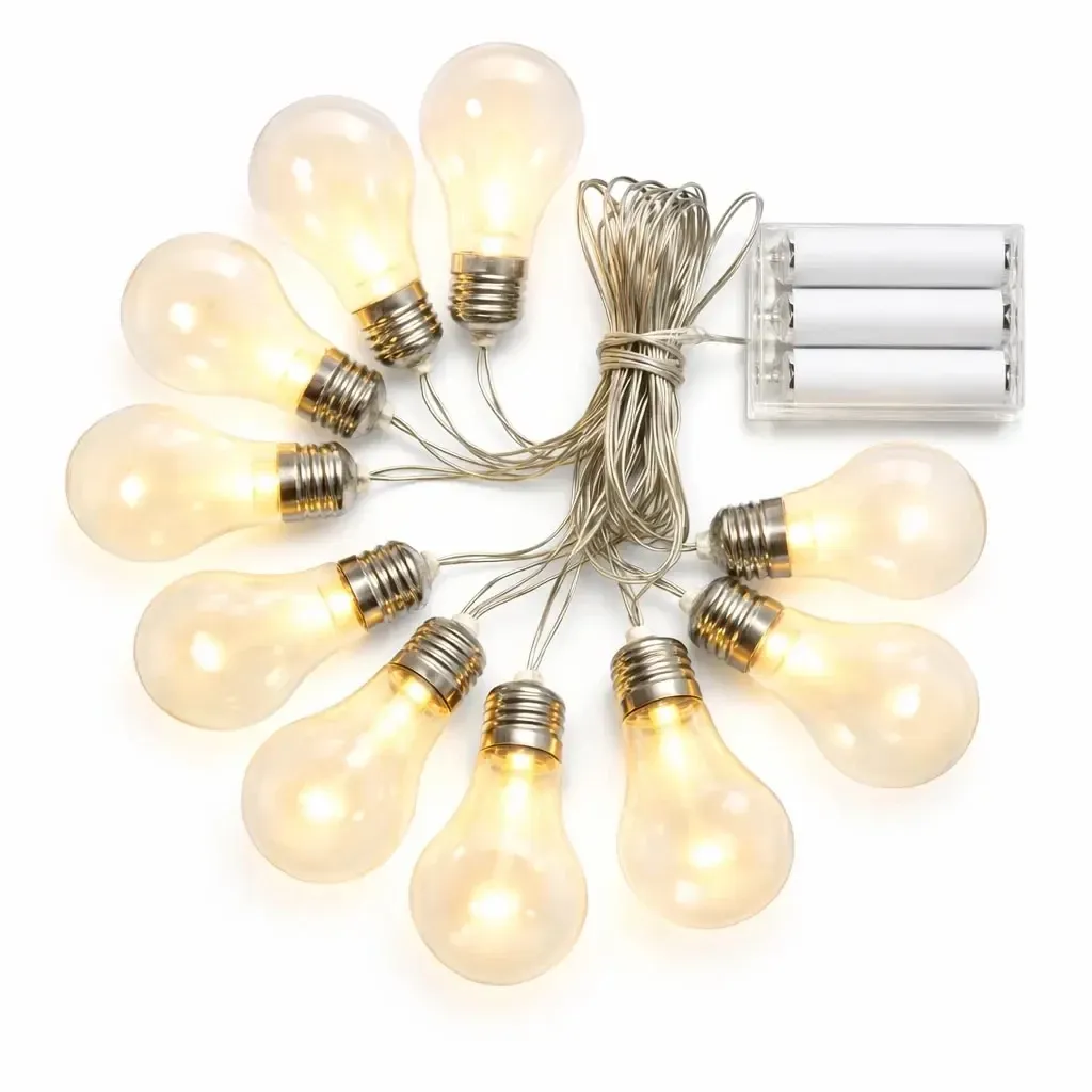 LED párty světla na baterie 5 m, 10 teple bílých LED, průhledné baňky, transparentní, 3× AA, IP20