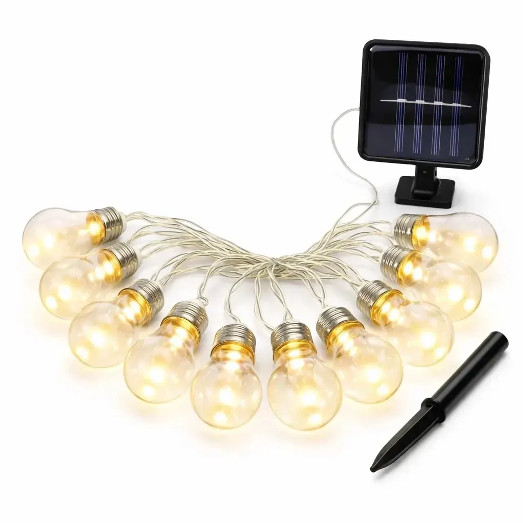 LED párty světla solární 5 m venkovní solární girlanda, teple bílá, 10 diod průhledné baňky, čirý kabel IP44, solární panel