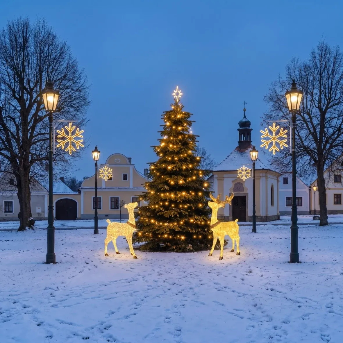 Vánoční sada pro obce Vločka VI s jelenem a laní, strom 3–5 m, 4× vločka VI na veřejné osvětlení, 3D LED jelen a laň 150 cm, teplá bílá