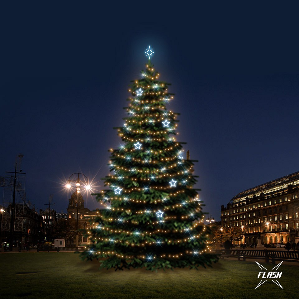 LED-Lichtset für Weihnachtsbäume, 12-14 m hoch, Warmweiß mit Flash, Dekorationen EFD11