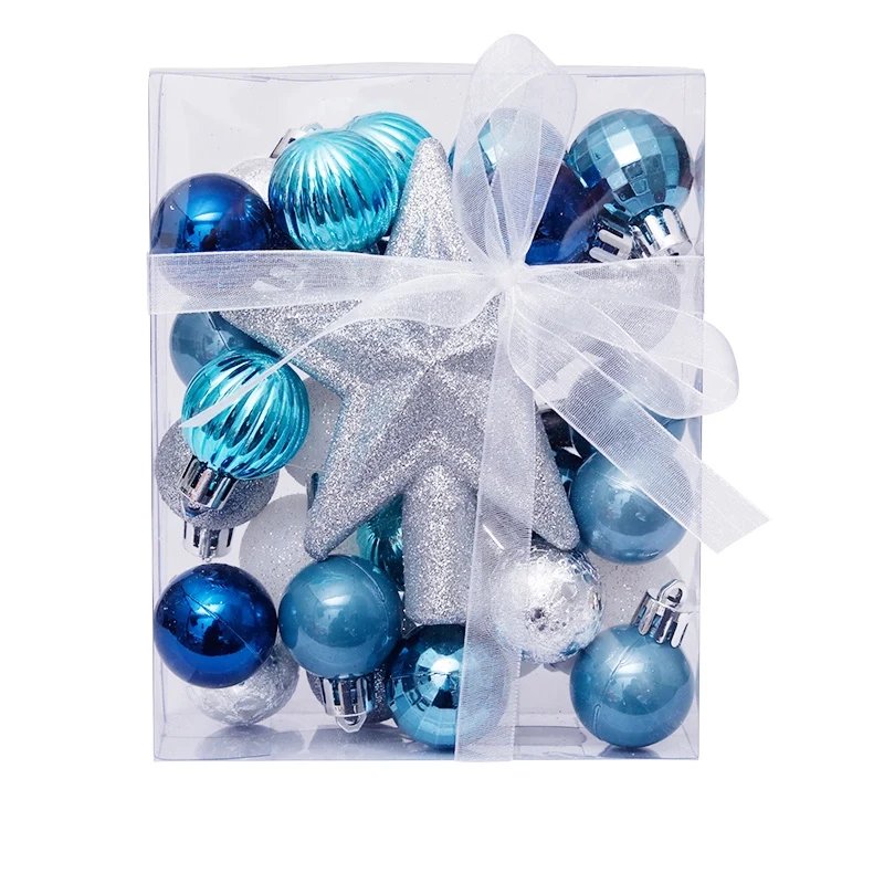 Produktion - Set von Ornamenten, 29x 3cm Kugeln, 1x Glitzerspitze, blau und silber