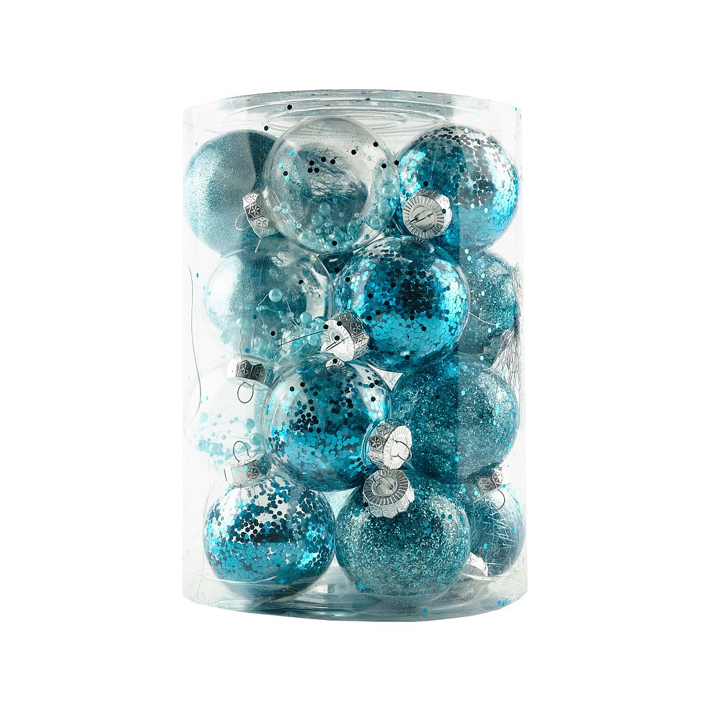Set von Weihnachtsschmuck türkis 8 cm Plastikflasche, Packung mit 25 Stück