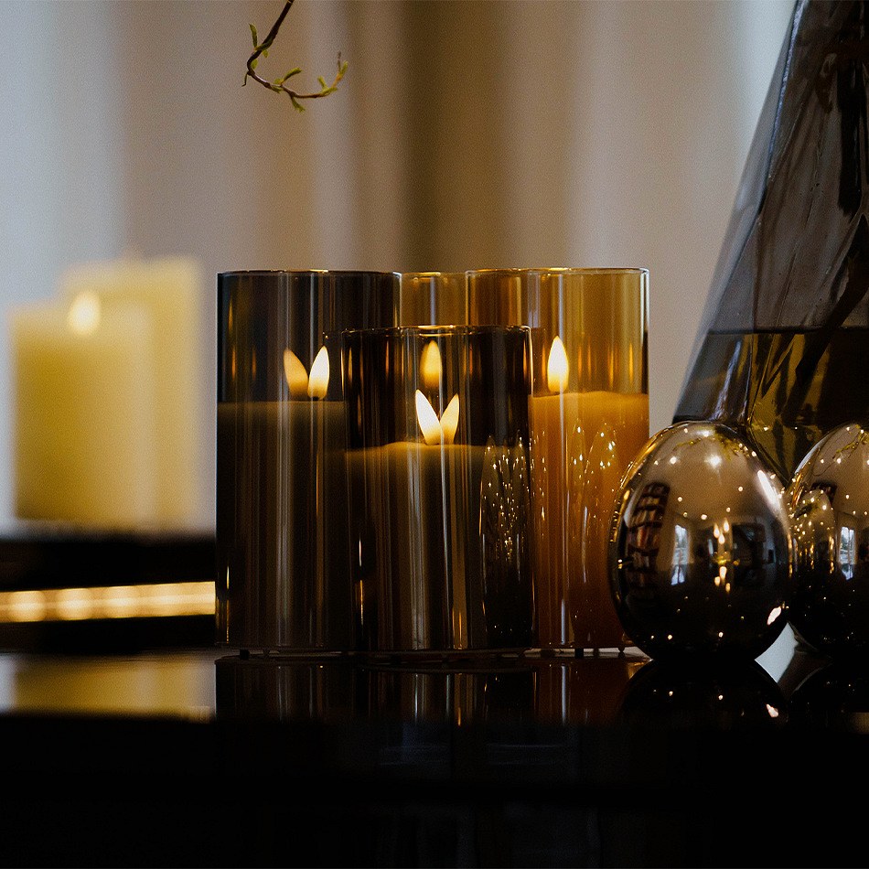 Set mit 3 Kerzen im Glas, Grau, mit Fernbedienung