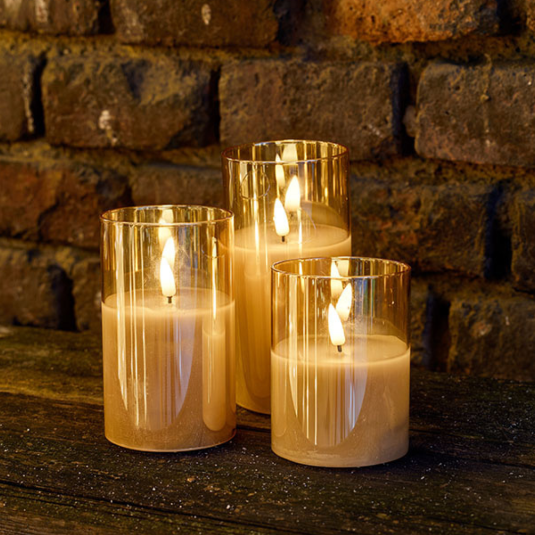 Set mit 3 Kerzen im Glas, Gold, mit Fernbedienung