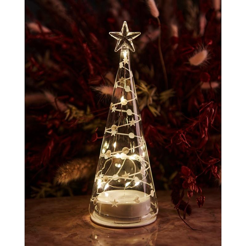 Heruntergeladen Glas-LED-Baumlicht, klar, 22 cm, weißes Dekor