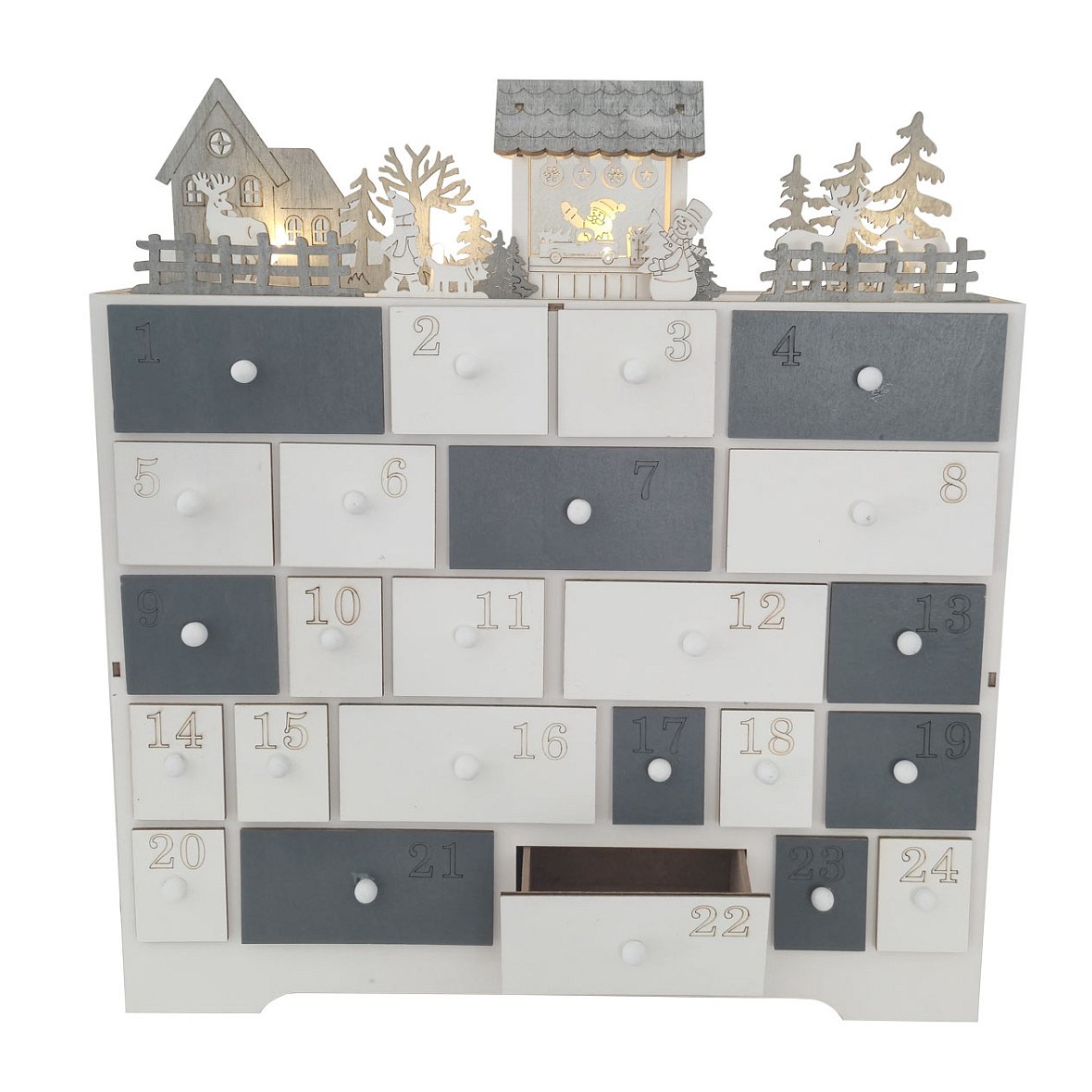 LED-Adventskalender, Häuschen und Tierfiguren, aus Holz, 37 × 40 × 11 cm, weiß und grau, für 2 × AA-Batterien