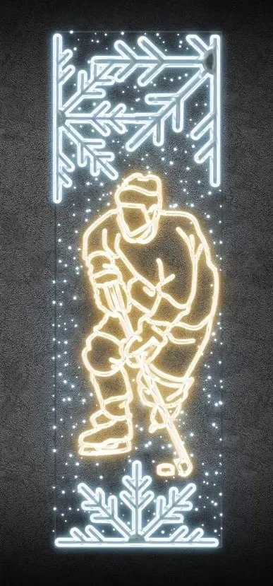 Easy Fix 2D LED-Lichtbanner Hockeyspieler, 80 × 247 cm, warm- und eisweiß, Dekor für öffentliche Beleuchtung, Aluminium