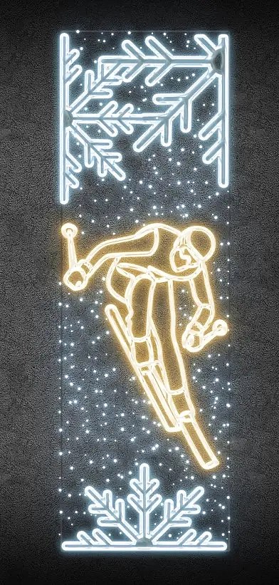 Easy Fix 2D LED-Lichtbanner Skifahrer, 80 × 247 cm, warm- und eisweiß, Dekor für öffentliche Beleuchtung, Aluminium