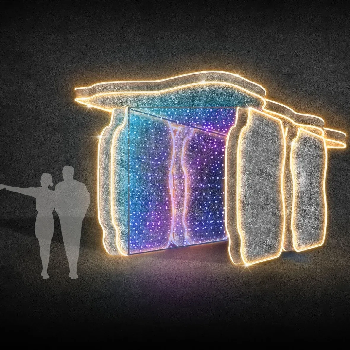 3D-LED-Lichttunnel-Dolmen, Carlingford, 260 × 280 × 450 cm, warmweiß und blinkend, Aluminium