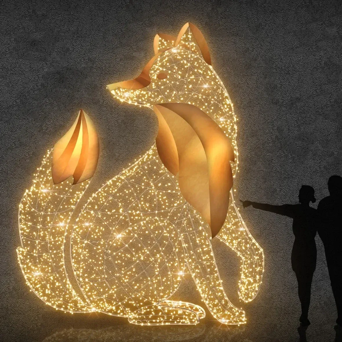 3D-LED-Lichtfuchs sitzend 350 cm, warmweiß, Aluminium