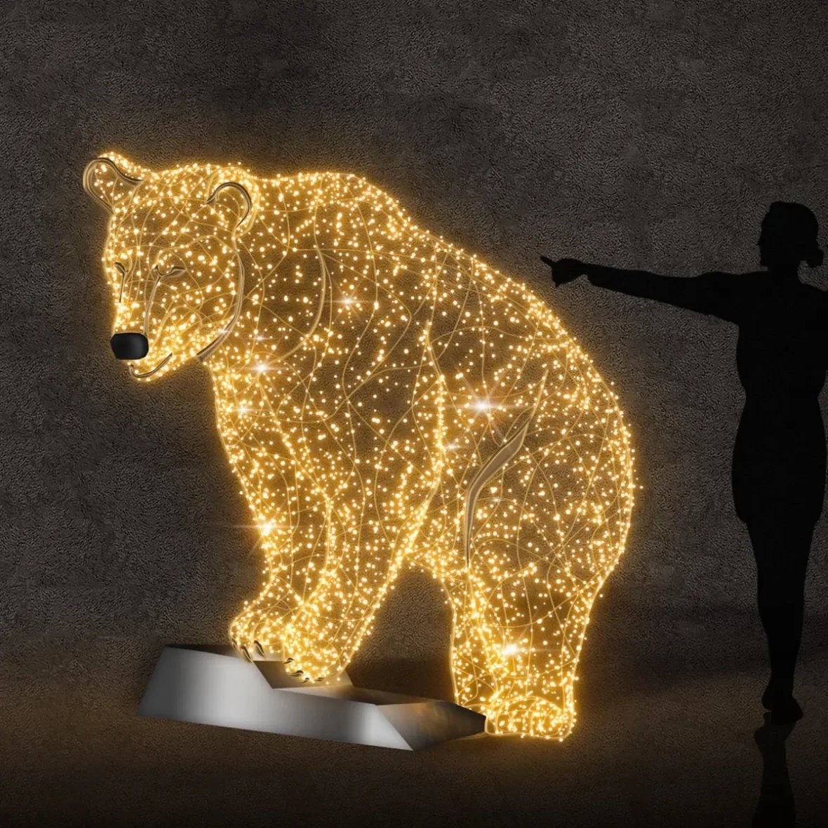 3D-LED-Lichtbär auf Felsen, 200 × 215 cm, warmweiß, Aluminium