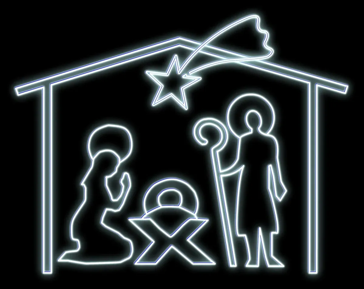 Easy Fix 2D LED beleuchtete Weihnachtskrippe, Weihnachtsmann, Maria und Josef im Stall mit Komet, 250 × 400 cm, eisweiß, stehend, Aluminium