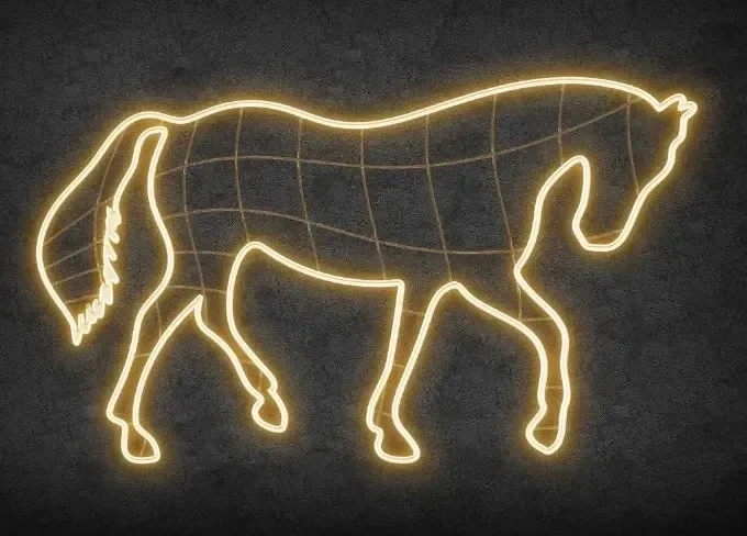 Eco Fix 2D LED-Lichtpferd, 285 × 165 cm, warmweiß, stehend, 3D-Druck, Aluminium