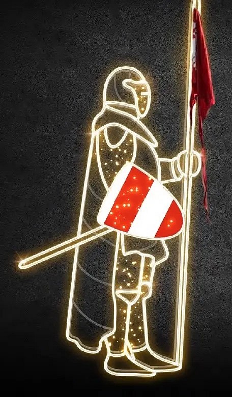 Eco Fix 2D-LED-Lichtritter VI, Schild in der rechten Hand, 245 × 110 cm, warmweiß, stehend, 3D-Druck