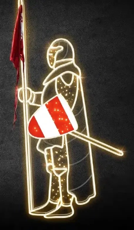 Eco Fix 2D LED Light Knight VII, Schild in der linken Hand, 245 × 110 cm, warmweiß, stehend, 3D-Druck