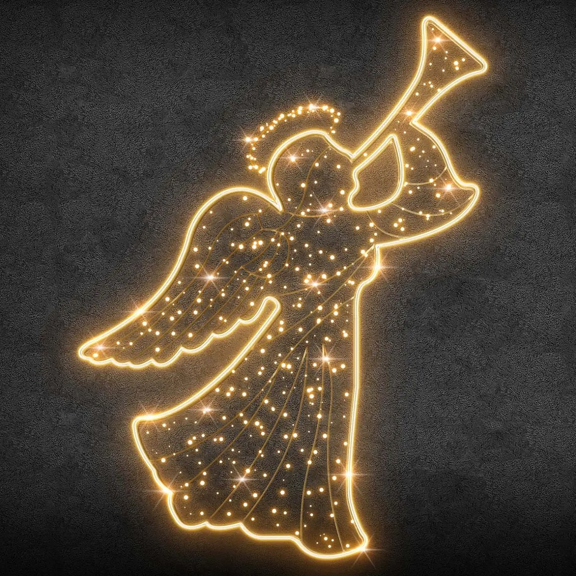 Easy Fix 2D LED-Lichtengel mit Riffelschürze und Schlauch, stehend, 140 × 200 × 62 cm, warmweiß, 3D-Druck, gold